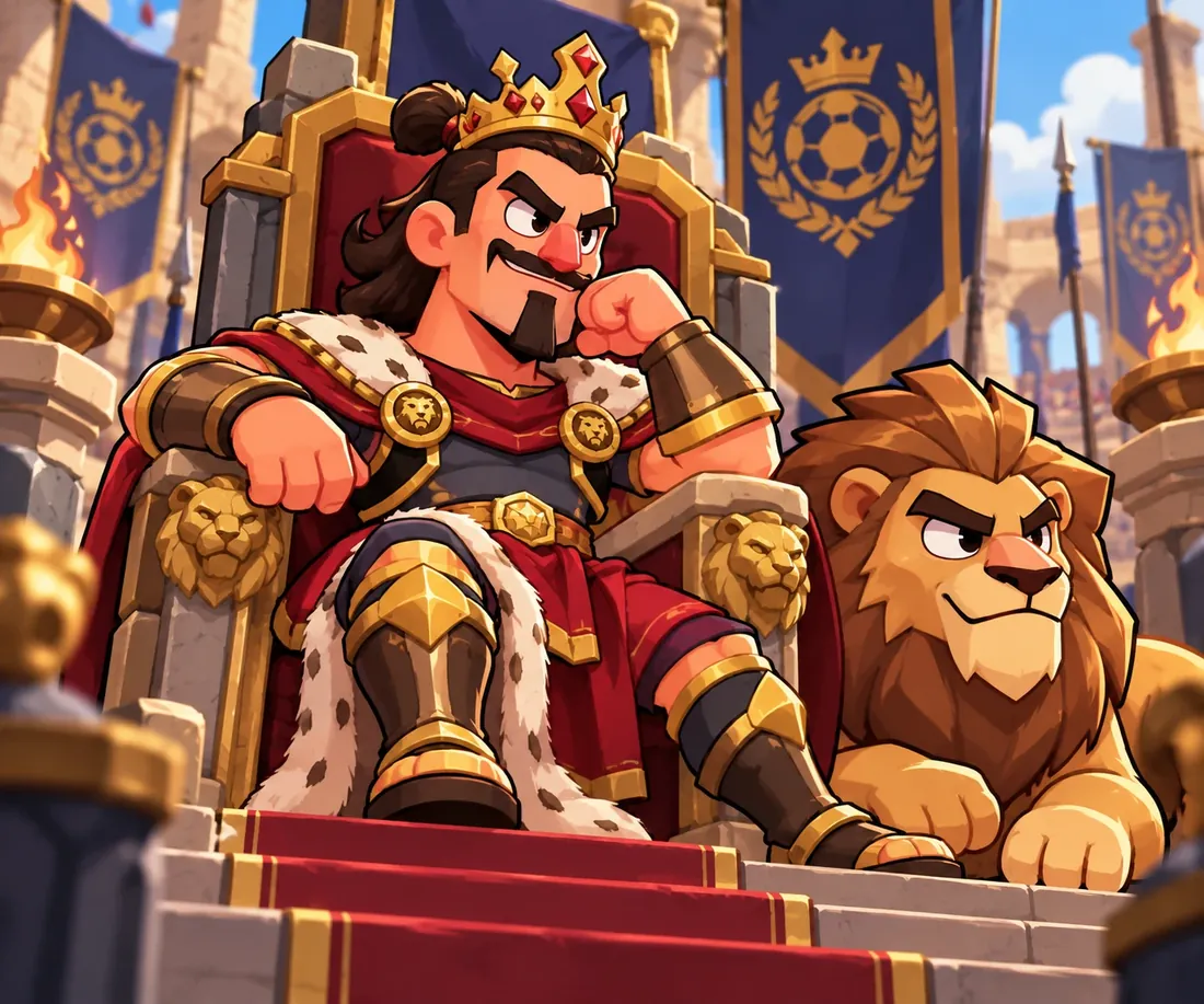 A crowned player-king on his throne with a lion