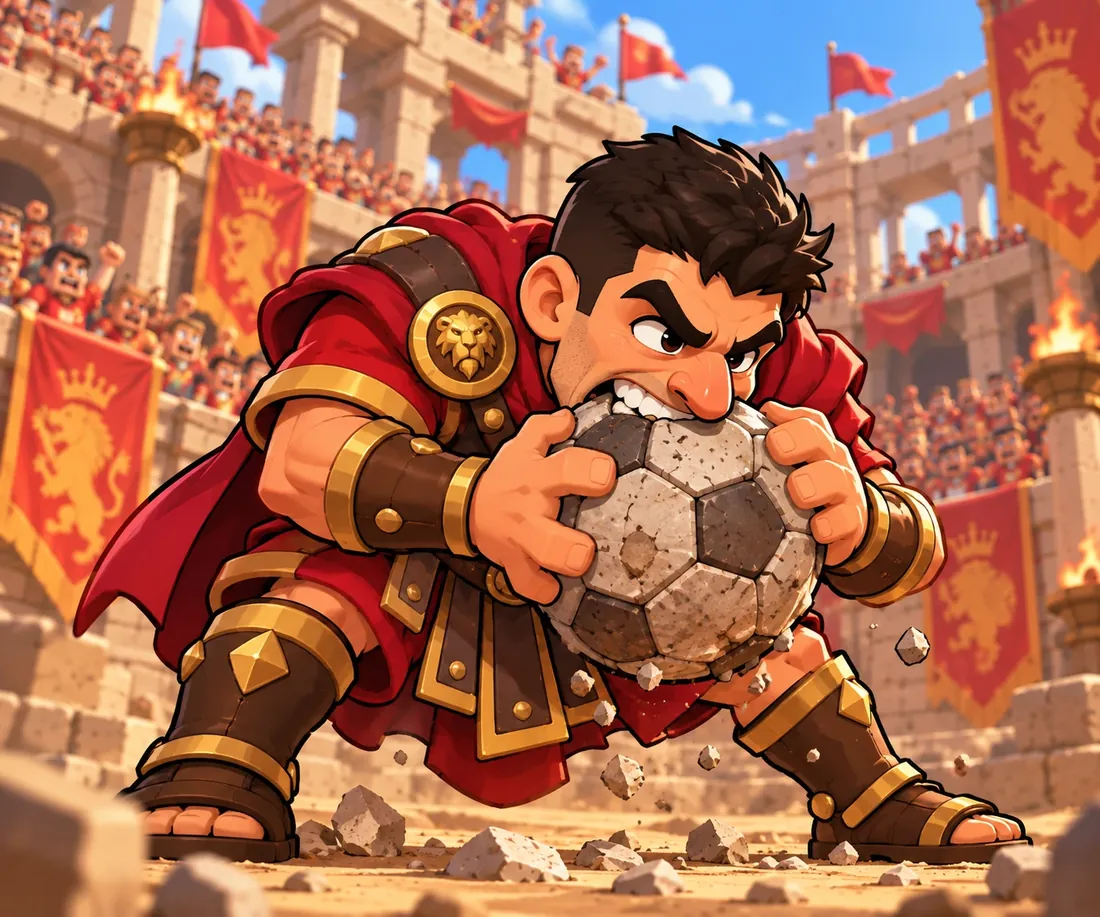 A gladiator bites a cracking stone football