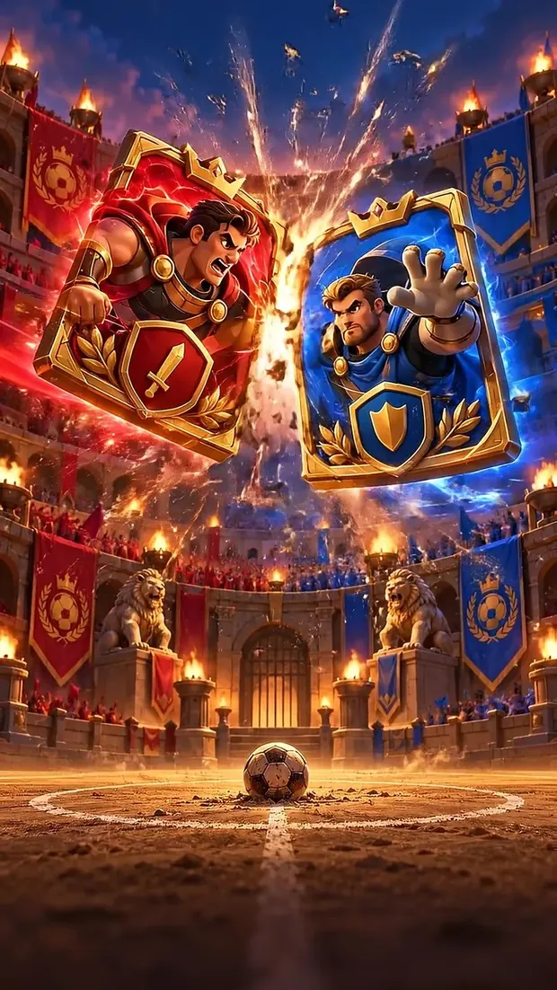 A red attacker card clashes with a blue defender card