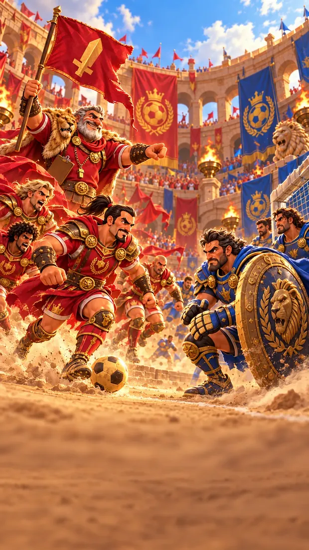 Red gladiator footballers charge at the blue keeper