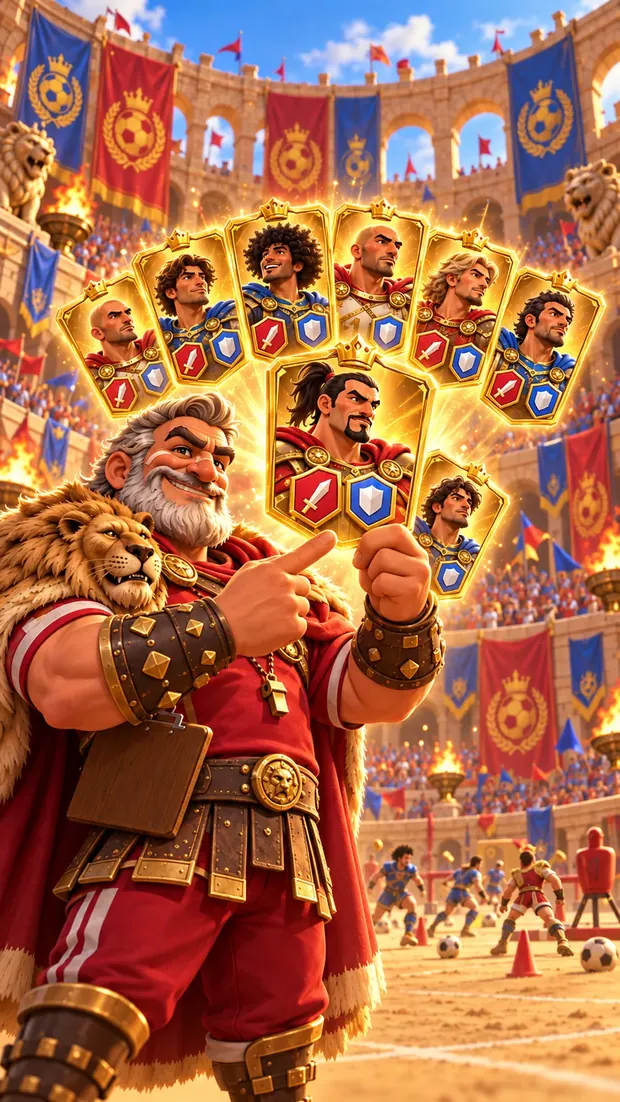 The coach holds a fan of gold player cards